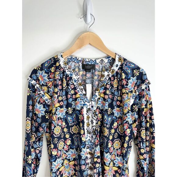 Belldini Womens Size Small Blue Floral Ruffled Long Sleeve Split Neck Blouse NWT - Picture 5 of 12